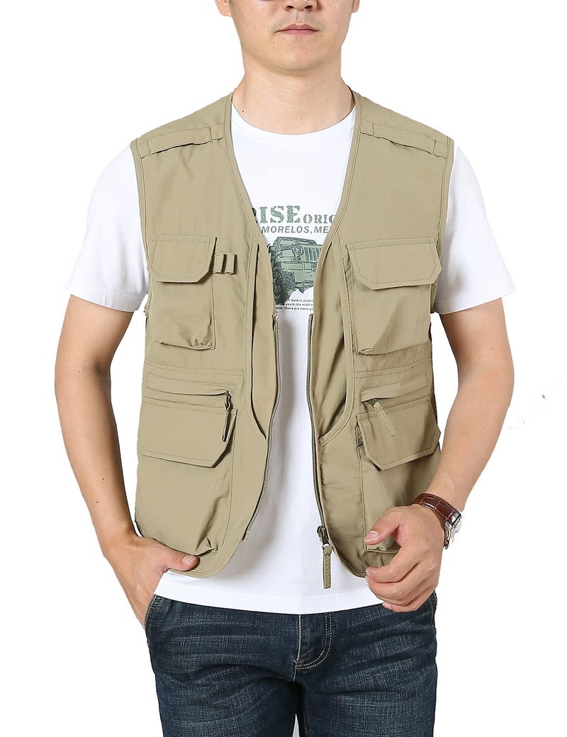 Flygo Men's Utility Cargo Vest Outdoor Summer Work Photo Fishing Safari Travel Vest with Pockets(01Khaki-M) - Image 1